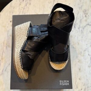 Eileen Fisher Willow Black Leather Wedge Espadrille - Size 6